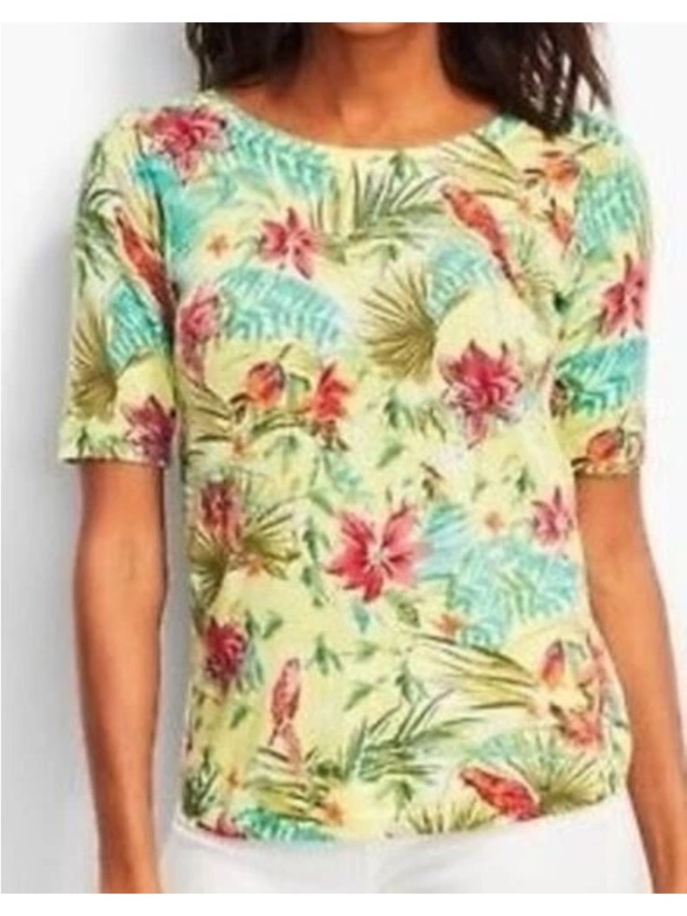 Talbots Soft Yellow Cotton Lightweight Tropical‎ Floral Short Sleeve Sweater. LP